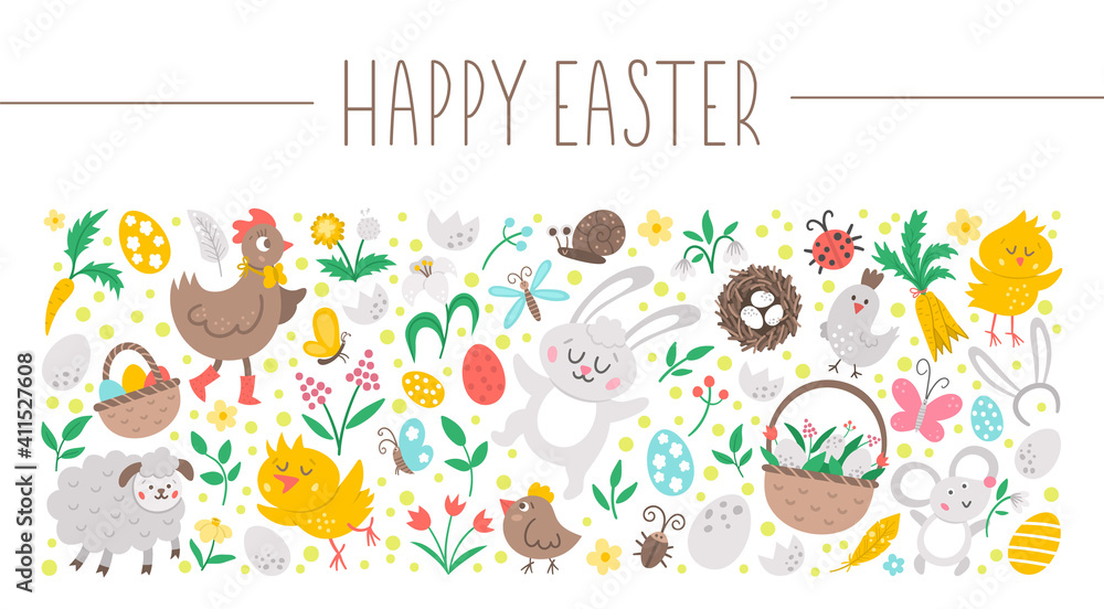 Vector horizontal set with Easter elements. Frame with traditional symbols. Funny design for banners, posters, invitations. Cute spring rectangle holiday card template.. Vector horizontal set with Easter elements. Frame with traditional symbols. Funny design for banners, posters, invitations. Cute spring rectangle holiday card template..