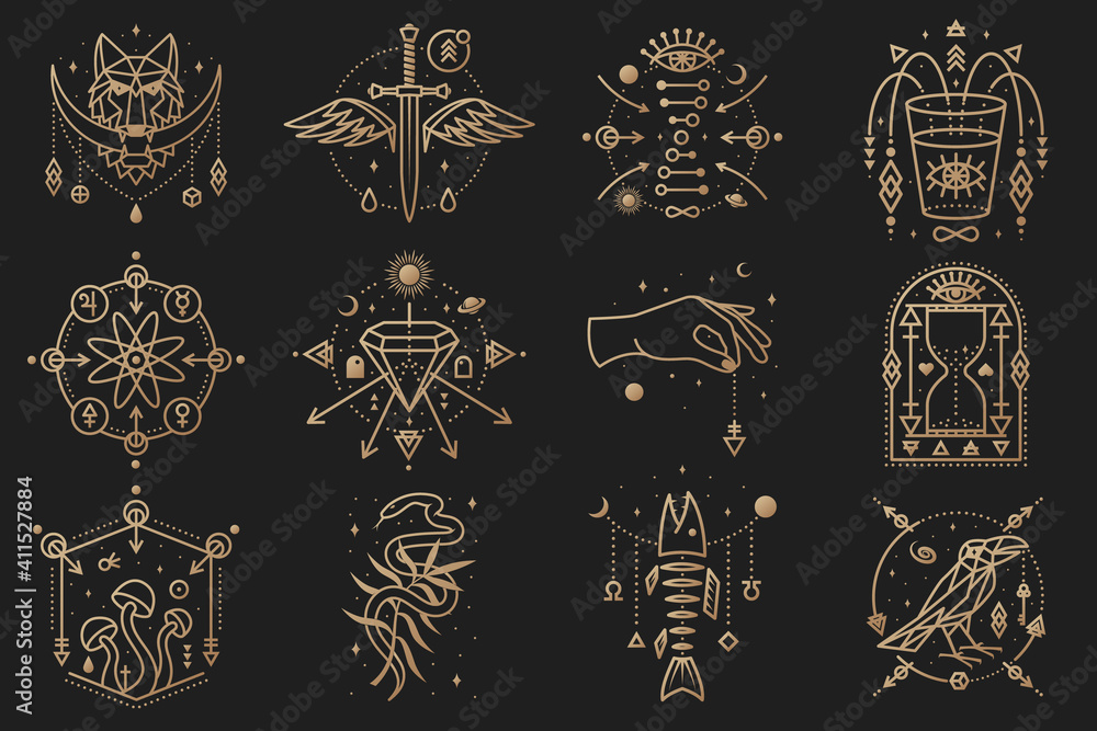 Esoteric symbols. Vector Thin line geometric badge. Outline icon for alchemy or sacred geometry. Mystic and magic design with alchemy symbols, mushrooms, snake, wildflower, hourglass, glass Esoteric symbols. Vector Thin line geometric badge. Outline icon for alchemy or sacred geometry. Mystic and magic design with alchemy symbols, mushrooms, snake, wildflower, hourglass, glass
