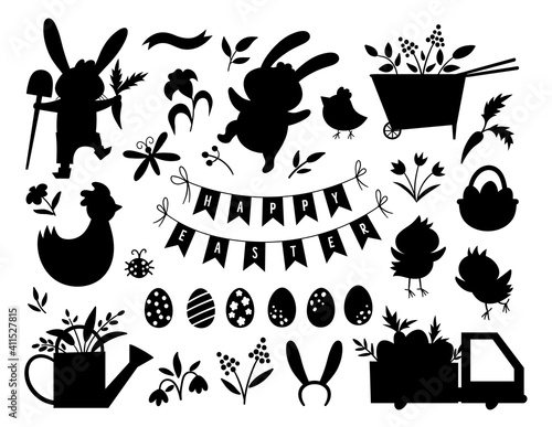Vector Easter silhouettes set. Vector pack with cute bunny, eggs, bird, chicks, basket black shadows. Spring funny illustration. Adorable holiday icons collection.
