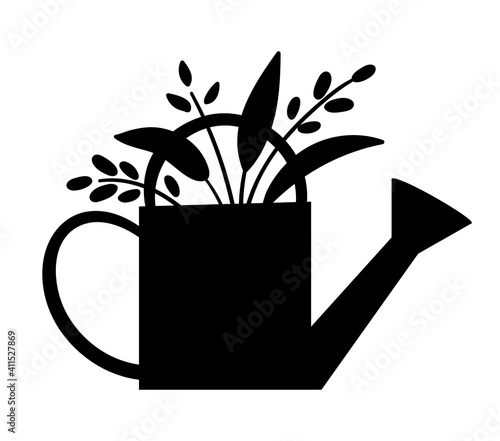Vector cute watering can silhouette with plants icon isolated on white background. Flat spring garden tool illustration. Funny gardening equipment picture for kids..