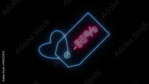 Sales special offer 50 percent off and heart animation motion graphic video. Label, sticker, tag. 4K Sale neon sign banner background for promo video. concept of sale and clearance. Blue tag and Pink