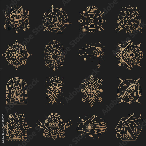 Esoteric symbols. Vector Thin line geometric badge. Outline icon for alchemy or sacred geometry. Mystic and magic design with alchemy symbols, snake, wildflower, hourglass, glass, wolf, crow, galaxy