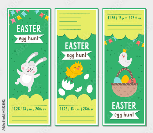Set of Easter egg hunt invitation card templates with cute animals. Spring vertical poster or greetings for kids. Bright holiday bookmark illustration with funny bunny, hatching chick, basket.