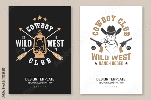 Cowboy club poster, flyer. Ranch rodeo. Vector. Concept for shirt, logo, print, stamp, tee with cowboy and gun. Vintage typography design with lantern lamp