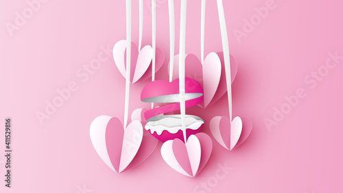 Paper roll craft form heart shape with pink heart hanging around. Hearts hanging of Valentine’s day. paper cut and craft style. vector, illustration.