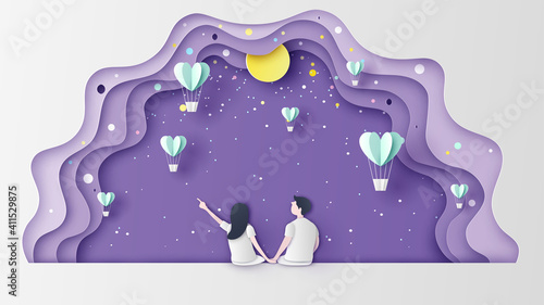 Young couple are sitting and watching stars and Hot air balloon in heart shape floating on romantic night sky. paper cut and craft style. vector, illustration.