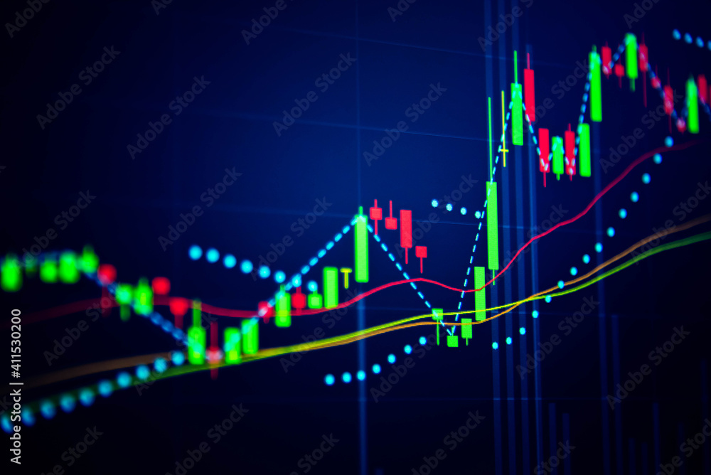 Candlestick chart in financial stock market on digital number background. Forex trading graphic design and Stock market trading trend as concept. - obrazy, fototapety, plakaty 