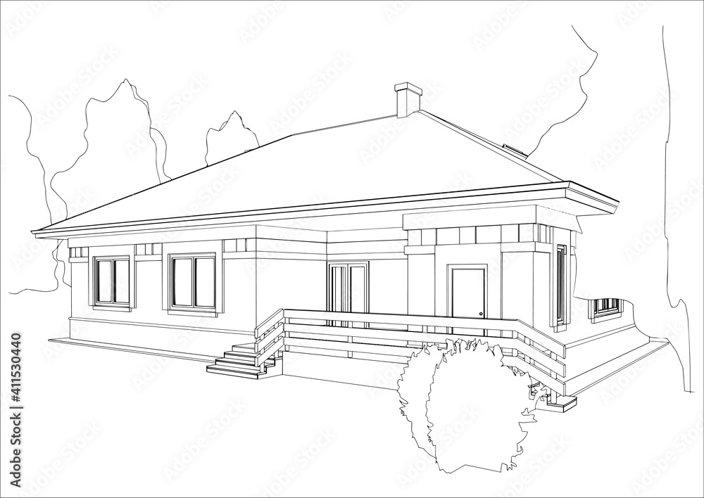 Architectural sketch of the house. Perspective view of the cottage. Black and white vector illustration.