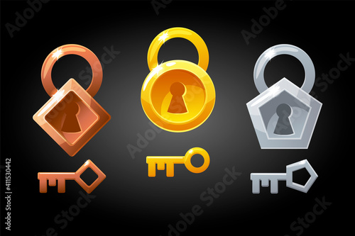 Vector set of gold, bronze and silver keys and locks.