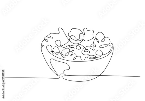 Continuous Line Drawing of Vegetables Salad on White Background. Continuous Food. Healthy Food Simple Drawing. Minimal One Line Draw Illustration for Cafe, Shop, Delivery. Vector EPS 10