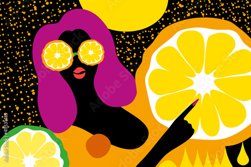 Abstract black woman and orange on black background. Bright minimalism. Contemporary pop art. Flat style. Modern illustration.