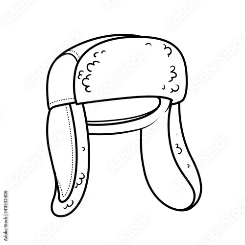 Winter warm hat with earflaps with fur unisex outline for coloring on a white background