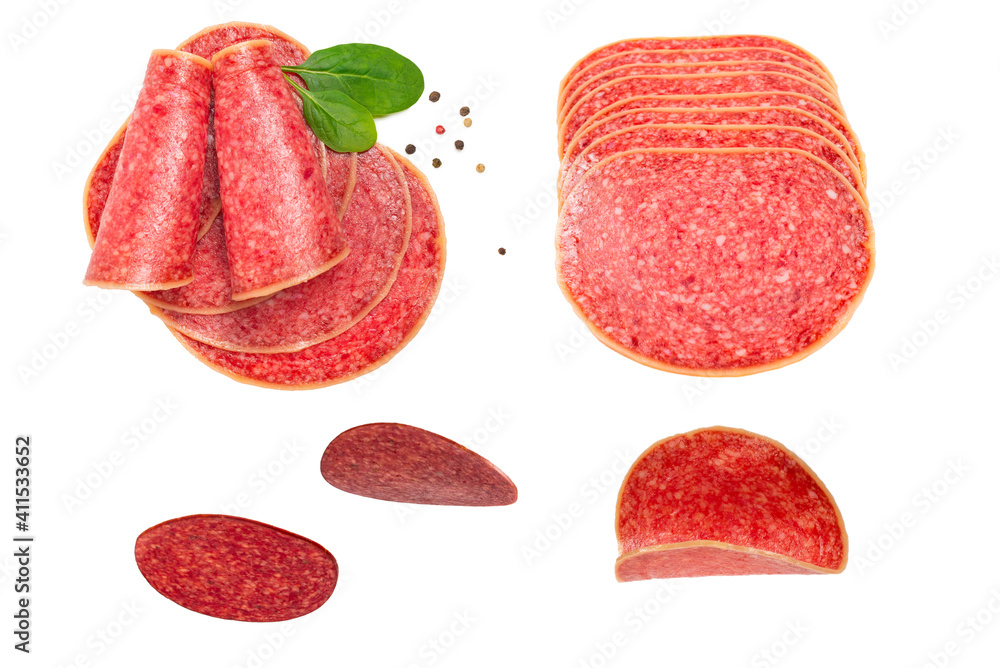 Salami slices isolated on white background. Salami slices isolated on white background.