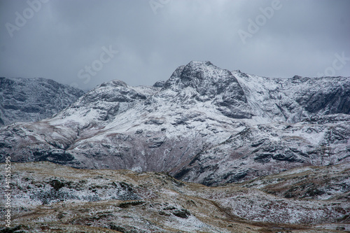 Fells around the Langdale Valley, Cumbria with winter snow