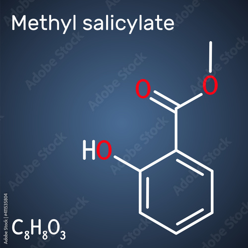 Methyl salicylate, wintergreen oil molecule. It is methyl ester of salicylic acid, flavouring agent, metabolite, insect attractant. Structural chemical formula on the dark blue background