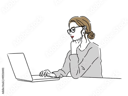 hand drawn line art woman watching laptop, vector illustration 