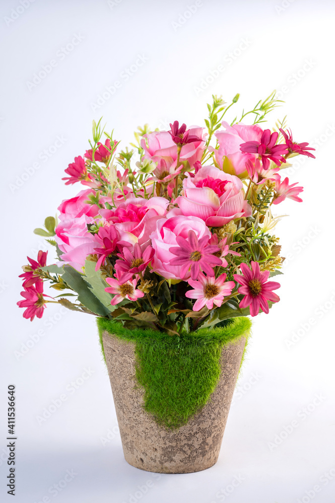 pink and white flowers in vase on white background pink and white flowers in vase on white background