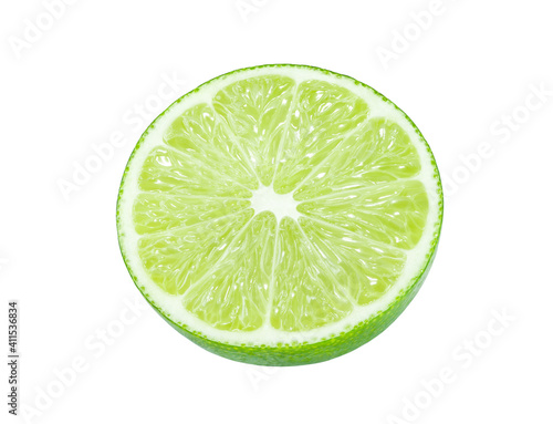 Lime cut piece isolated on a white background with clipping path, element of packaging design. Full depth of field..