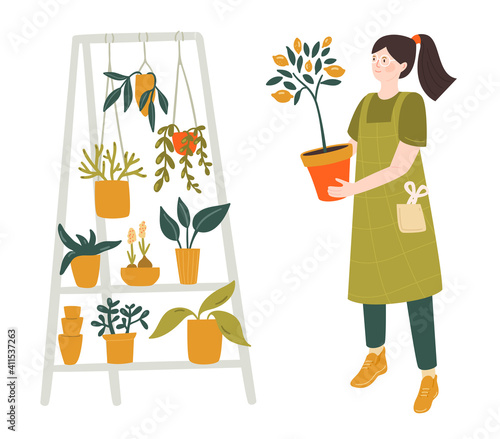 Woman holding lemon tree pot, home plants stand with hanging green plants. Different tropical flowers. Urban jungle vector illustration, florist character.