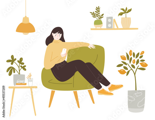 Young woman sitting in comfortable chair using smartphone. Stay home illustration. Lady in yellow sweater. Cozy room with potted plants vector illustration. Green interior.