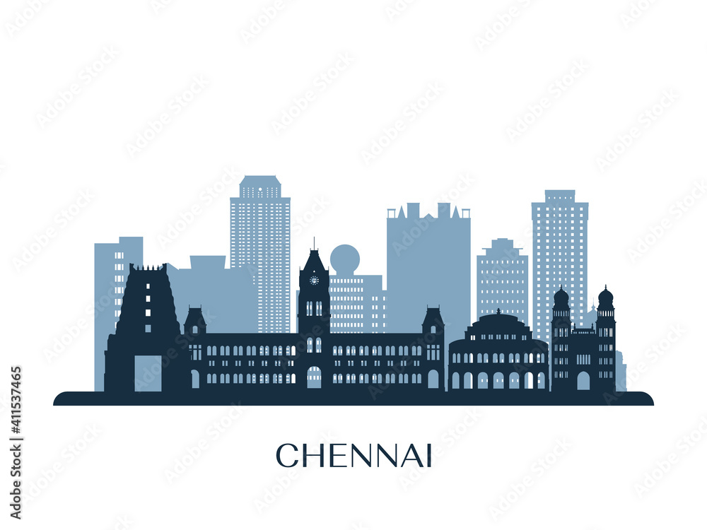 Fototapeta premium Chennai skyline, monochrome silhouette. Vector illustration.