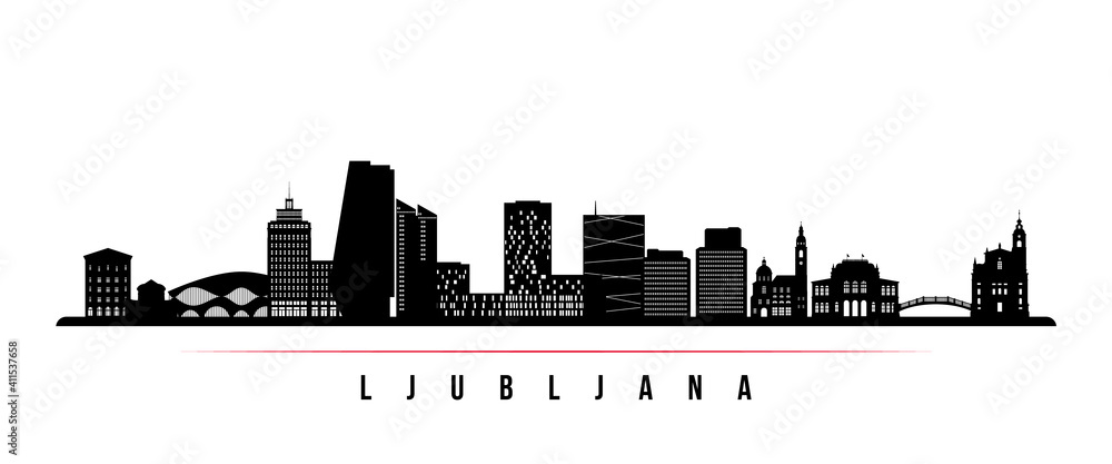 Ljubljana skyline horizontal banner. Black and white silhouette of Ljubljana, Slovenia. Vector template for your design.