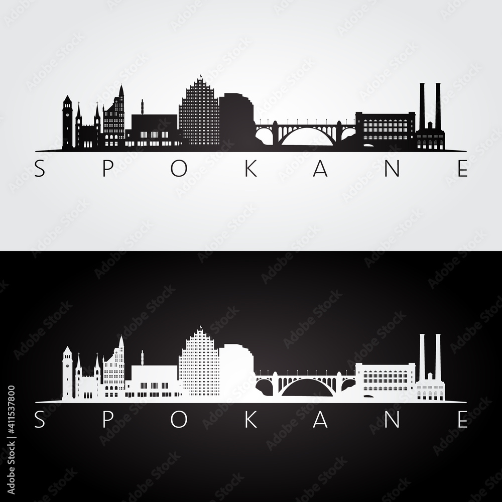 Spokane, Washington -  USA skyline and landmarks silhouette, black and white design, vector illustration.