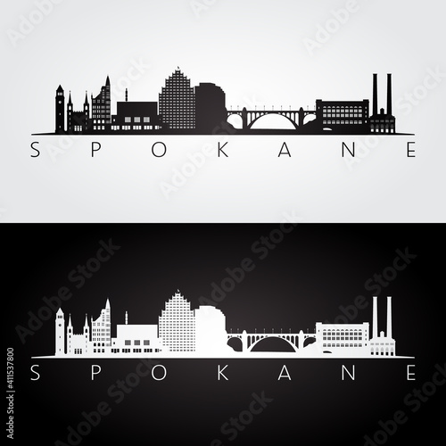 Spokane, Washington -  USA skyline and landmarks silhouette, black and white design, vector illustration.
