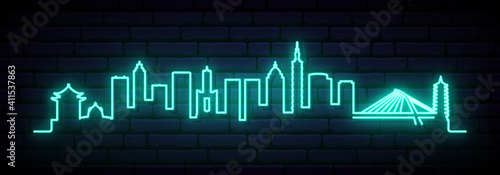 Blue neon skyline of Taipei. Bright Taipei City long banner. Vector illustration.