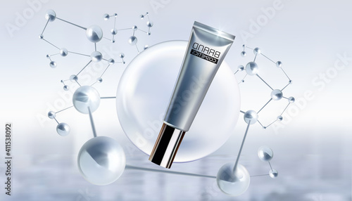 Cosmetic ads template, Cosmetic bottle with silver big molecules and blur background. Realistic vector illustration