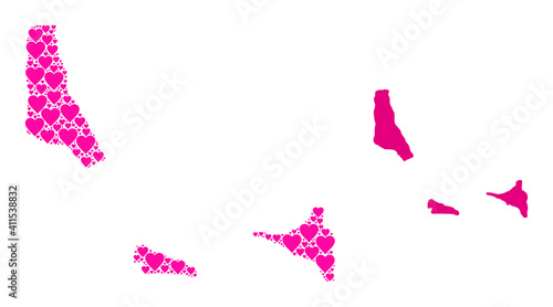Love mosaic and solid map of Comoros Islands. Mosaic map of Comoros Islands formed from pink lovely hearts. Vector flat illustration for love conceptual illustrations.