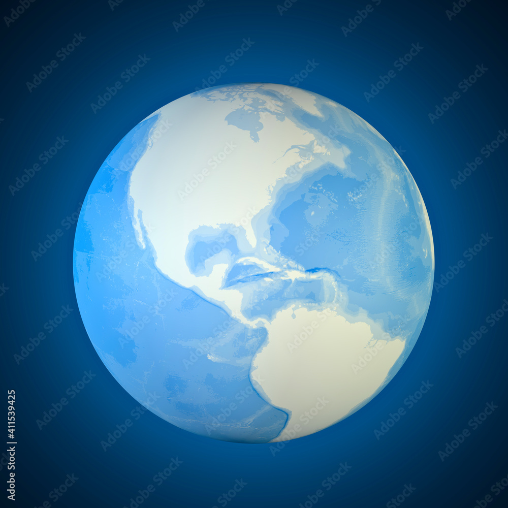 Obraz premium Globe map of the north America and central America. Cartography, geographical atlas. 3d render. Bathymetry, underwater depth of ocean 