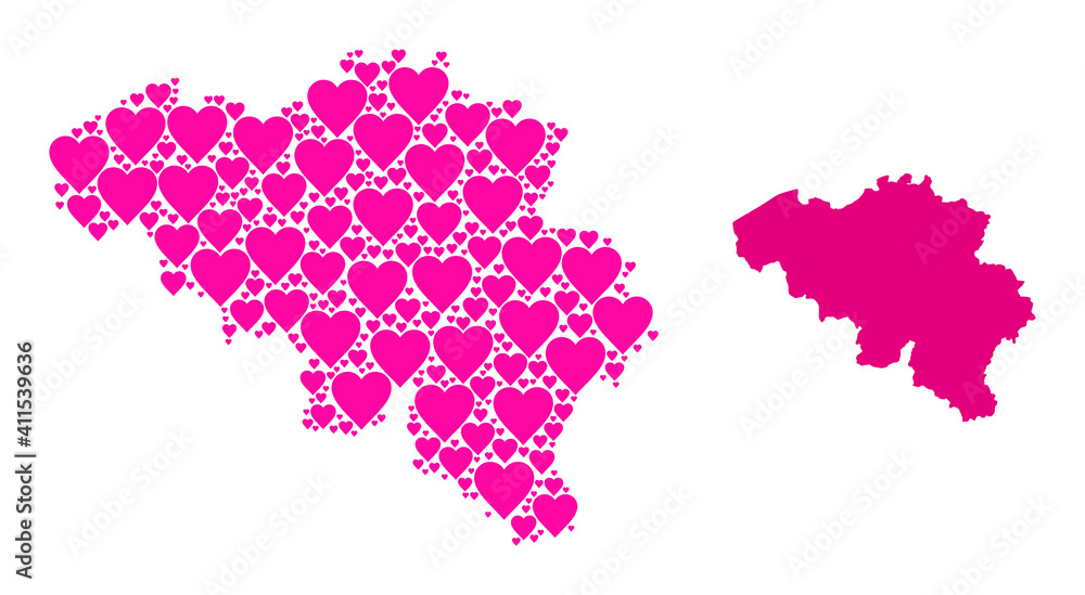 Love collage and solid map of Belgium. Mosaic map of Belgium composed with pink lovely hearts. Vector flat illustration for love abstract illustrations.