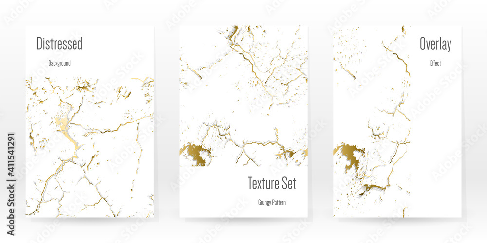 Elegant Gold Texture Set. Marble Business Card. Distress Grunge Stone. Gold White Cracked Wall Texture. Golden luxury Broken Style. Marbling Background. Glitch Noise Rough Design. Vector Illustration.