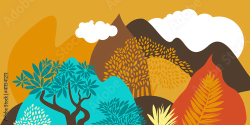 Landscape with hills, mountains and forests with broad-leaved trees. Conservation of the environment, national parks. Vector illustration. 