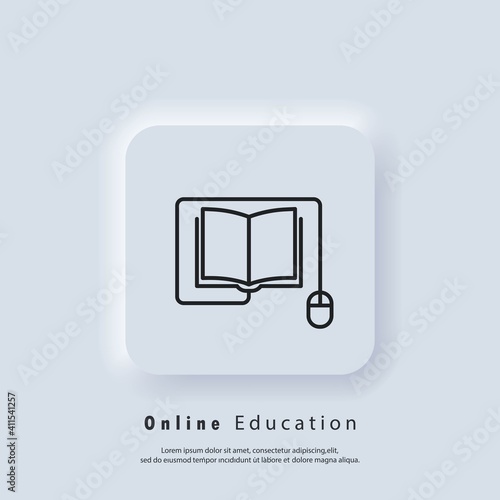 Online education or distance exam banner. Distant education, e-books icon. Course e-learning from home, online studying. Vector. UI icon. Neumorphic UI UX white user interface web button. Neumorphism