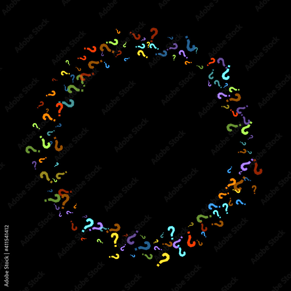 Question marks scattered on black background. Quiz, doubt, poll, survey, faq, interrogation, query background. Multicolored template for opinion poll, public poll. Rainbow color. Vector illustration. Question marks scattered on black background. Quiz, doubt, poll, survey, faq, interrogation, query background. Multicolored template for opinion poll, public poll. Rainbow color. Vector illustration.
