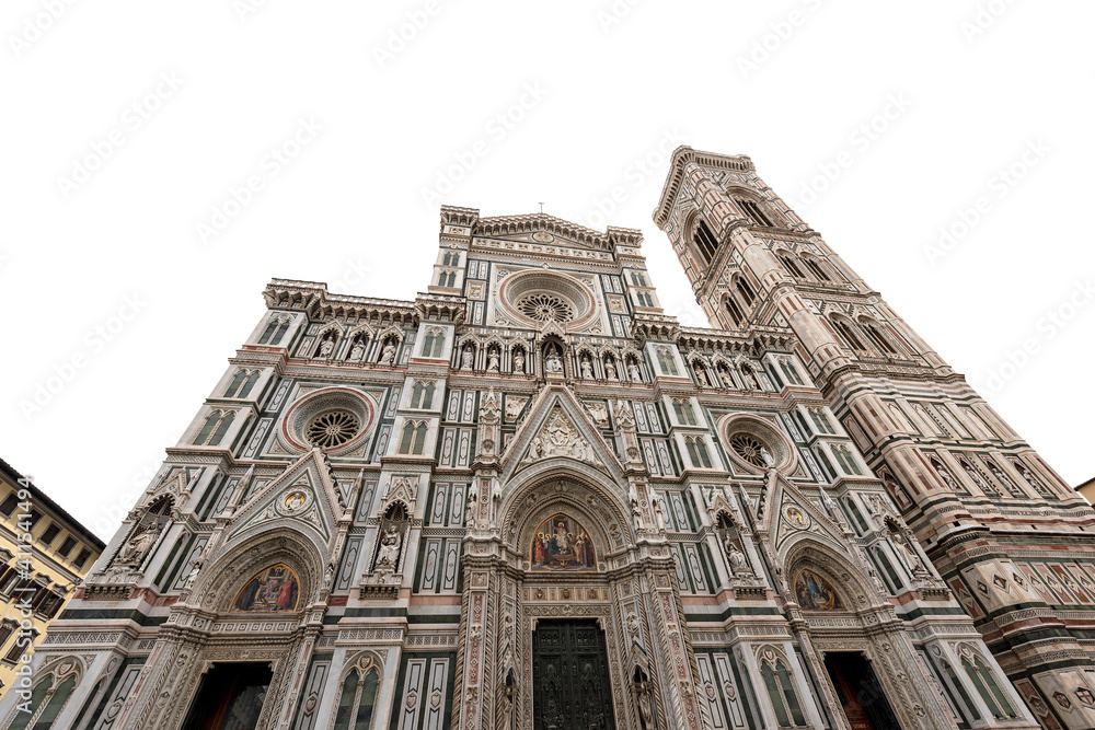Facade of Florence Cathedral isolated on white background. Duomo of Santa Maria del Fiore and bell tower of Giotto (Campanile). UNESCO world heritage site, Tuscany, Italy, Europe.