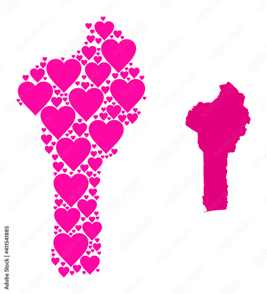 Love collage and solid map of Benin. Mosaic map of Benin composed with pink love hearts. Vector flat illustration for marriage abstract illustrations.
