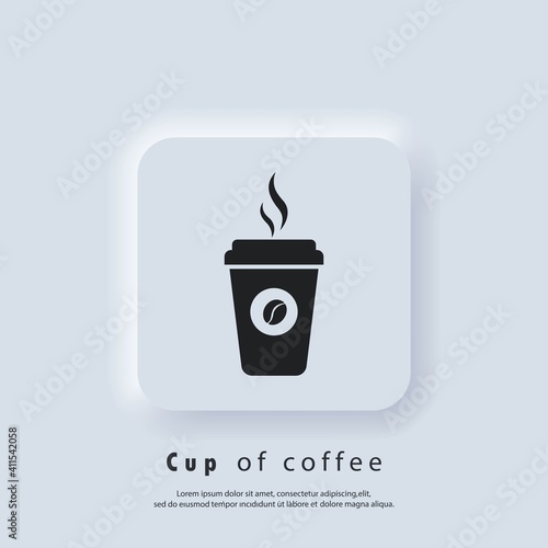 Coffee shop logo. Hot coffee cup icon. Disposable coffee cup icon with beans logo. Paper mug. Vector. UI icon. Neumorphic UI UX white user interface web button.