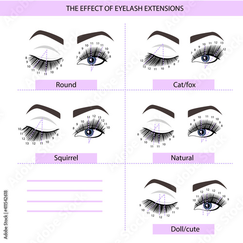 Eyelash Extension Guide. Direction schemes. Tips and tricks for eyelash extension. Infographic vector illustration.