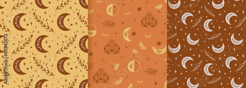 Boho moon pattern set. Ethnic moon seamless pattern. Floral celestial decorative background. Bohemian fabric design