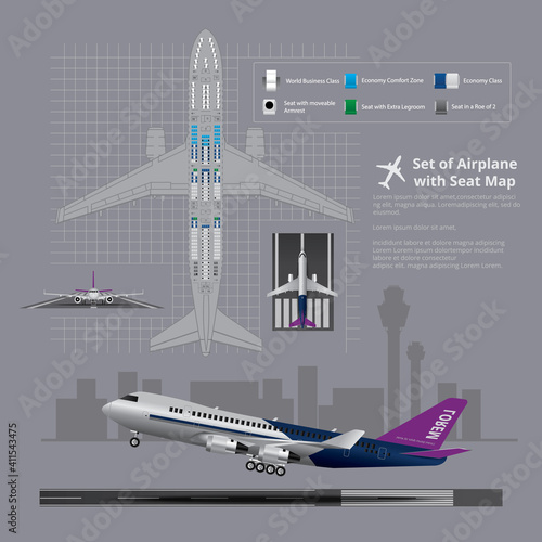 Set of Airplane with Seat Map Isolated Vector Illustration