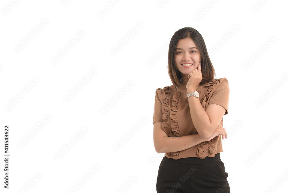 Portrait asian business woman is standing arms crossed with the other hand on the chin. A bright smile gesture Separated , isolated white background. Portrait asian business woman is standing arms crossed with the other hand on the chin. A bright smile gesture Separated , isolated white background.
