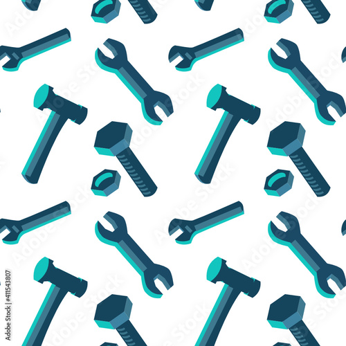 Tool bolts and nut, hammer and wrench seamless vector pattern texture or background isolated svg
