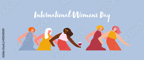 International women's day. Diverse female portraits, different nationalities and culture,  isolated, the concept of the women's empowerment movement with wine glass