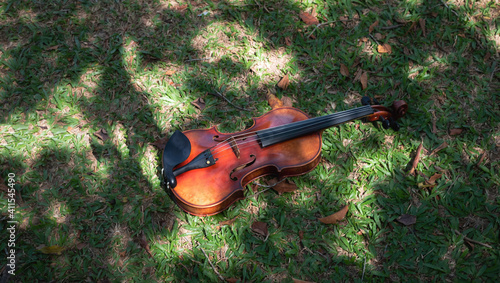 Violin put on green grass ground floor,