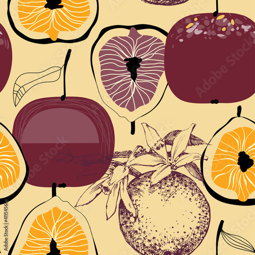 Fig, plum and orange fruits seamless pattern in retro style