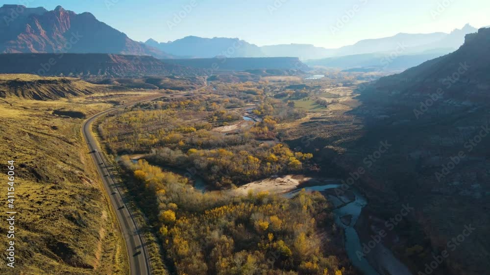 Cinematic aerial shot of winding river near Zion Canyon in Utah Cinematic aerial shot of winding river near Zion Canyon in Utah