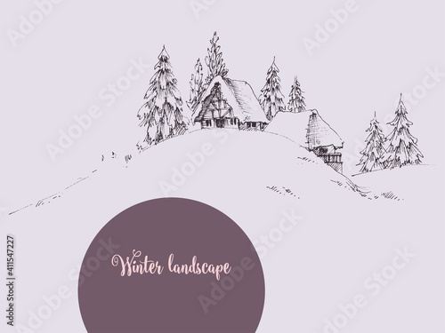 Sketched winter landscape, small houses and forest in the distance